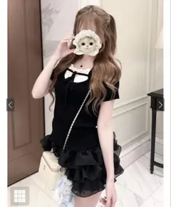 レースフリルレイヤード風リボンニットトップスのサムネイル