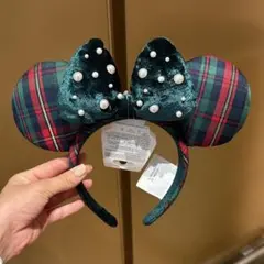 香港ディズニークリスマス　ミッキーマウス　カチューシャ 緑色 チェック
