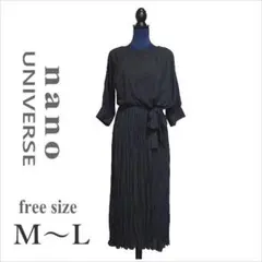 〔ナノユニバース〕黒ドット柄プリーツロングワンピース 七分袖 フリー M～L