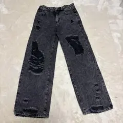 ダメージ加工 ブラックデニム ワイドパンツ
