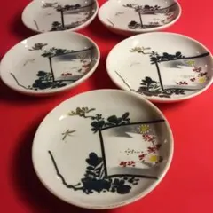 アンティーク 小皿 5枚セット 陶器 菊 蝶 金彩 豆皿 古風な絵柄