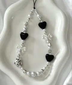 ビーズストラップ韓国y2k スマホストラップホワイトシルバーブラックリボンハート