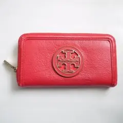 ✈訳　トリーバーチ　本革 レザー　ラウンドファスナー 長財布　ピンクレッド　ロゴ