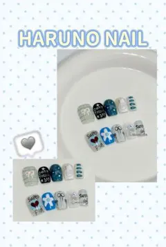 手書き風ポップネイルチップ ハート リボン ブルー カジュアル 個性派