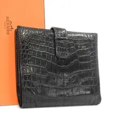 【美品】エルメス　クロコダイル　折財布　黒　ブラック　レザー　カード　お札　小銭のサムネイル