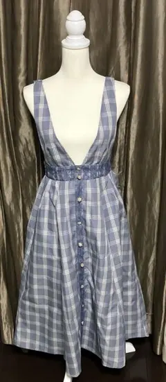 axes Femme M チェック　ブルー系　センターボタンジャンパースカート