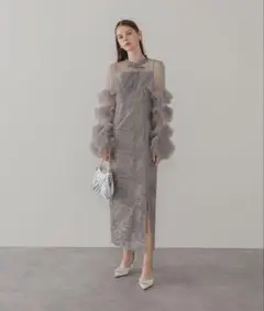 【Leja】フリルチュールスリーブリボンIラインワンピースドレス