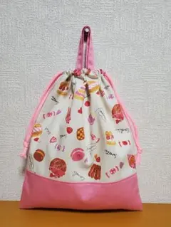 持ち手付き巾着袋 上靴入れ お道具袋 スイーツ マカロン ピンク