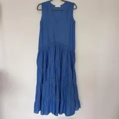 美品 マーレット ノースリーブVネックティアードワンピース ブルーグリーン 美品 マーレット ノースリーブVネックティアードワンピース ブルー
