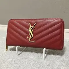 サンローラン［カサンドラ］長財布　ラウンドジップ　Vステッチ　レッド　ゴールド