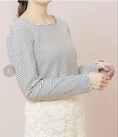 flower ボーダー　Tシャツ　スクエア　グレー　トップス 7部袖　7分丈