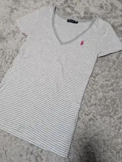 POLO RALPH LAUREN VネックTシャツ グレー/ホワイトストライプ
