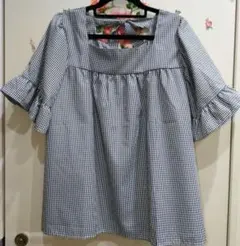 クリジュア　4L ギンガムチェック フリル袖ブラウス 半袖