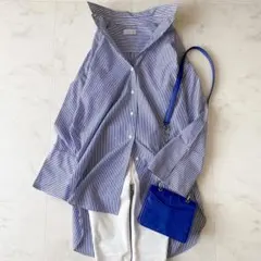 美品♪アドーア ビッグカフス長袖シャツ38 ネイビーストライプ