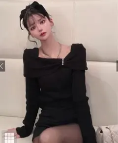 リボンビジューオフショルダーニットトップス