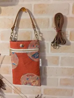 ハンドメイド★帯リメイクスマホショルダーバッグ／オレンジ