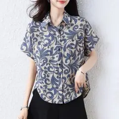 シャツ ブラウス 通勤 レトロ ゆったり プリント 折り衿 新品◎大人気