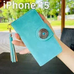 iPhone15 レザーケース☆スエード&コンチョ☆手帳型カバー☆西海岸スタイル