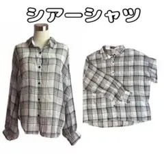 チェック柄 シアーシャツ 長袖シャツ ブラウス トップス ホワイト