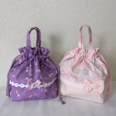 お弁当袋２点set パープルリボン柄　ピンクのシェル柄　入園　入学　遠足　弁当