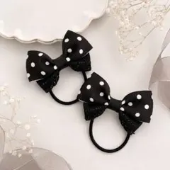 ハンドメイド　キッズリボンヘアゴム2個セット　黒　ドット