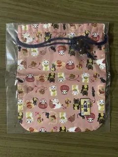 猫と縁起物柄のピンク巾着袋　御朱印帳入れなどに