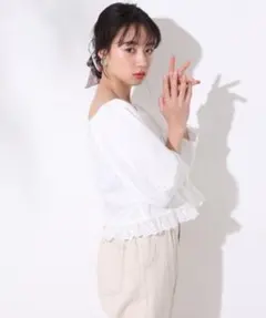 NICE CLAUP ナイス パフスリーブ裾レースブラウス ホワイト