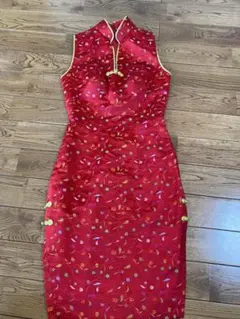 コスプレ チャイナ 中国 チャイナドレス　赤　刺繍　スリット入り　小さめサイズ