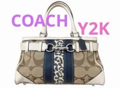 【レア】COACH トップハンドル バッグ シグネチャー レオパード 紺色Y2K