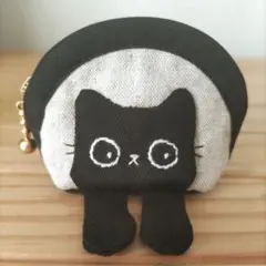 灰白 ハチワレ 猫 おせんべい ストライプ柄ミニポーチ ハンドメイド