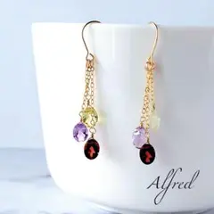 【59】天然石3種ピアス ガーネット アメジスト レモンクォーツ 14kgf