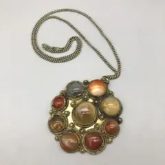 希少ビンテージ天然アゲート瑪瑙カボションペンダントシルバーチェーンネックレス