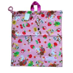 ウサギと果物柄のピンク巾着袋