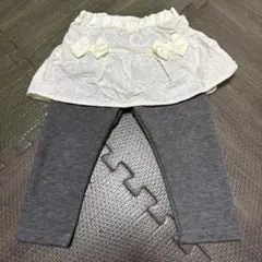 スカート付き　裏起毛レギンス90 ホワイト　女の子　ハート　リボン