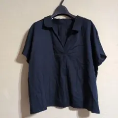 美品　INDIVI スキッパーネック 半袖ブラウス ネイビー　Mのサムネイル