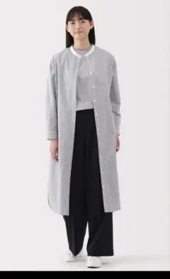 美品　無印良品　バンドカラー　ワンピース　ロング　ストライプM