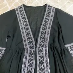 刺繍 ロングガウン カーディガン M 黒 ボヘミアン エスニック 羽織り 七分袖のサムネイル