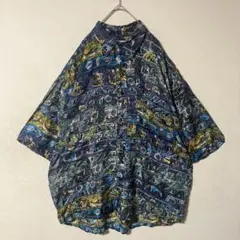 【長袖シャツ】総柄　シルク100％　テロ感　レトロ柄　アート　使用感　古着