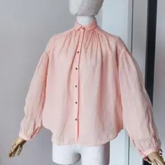 美品 MACPHEE オレンジ 麻100% 長袖 ギャザー シャツ Mサイズ