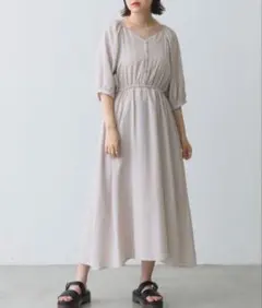 レトロガール 五分袖 ロングワンピース 【F】後ろスクエアネック ウエストゴム