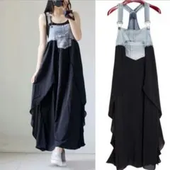 デニムマキシワンピース レディース ロングワンピ リゾート 春 夏 韓国 黒 M