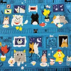 オックス生地 猫 カフェ柄 ブルー 生地巾110×30 シルバーラメ
