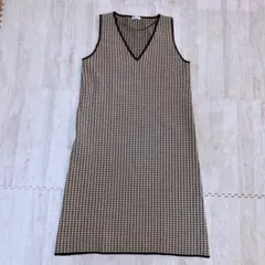 千鳥格子柄 Vネック ノースリーブワンピース／きれいめ／秋冬