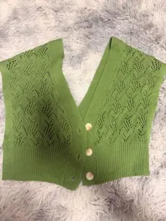 グリーン ニットベスト レース編み 4ボタン