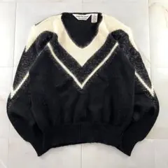 80s　幾何学柄　Vネック　ニットセーター　モノトーン　M　モード　ヴィンテージ
