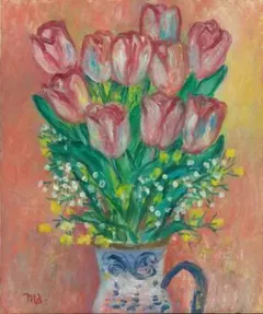 花びんのチューリップ　油彩画　静物画　 F8号 45.5×38cm