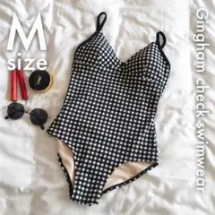 新品｜ギンガムチェックスイムウェア 黒 ブラックM ワンピース水着 体型カバー