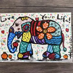絵画 アクリル画 抽象画 自作 アート「象と花」 ハガキサイズ　メッセージ