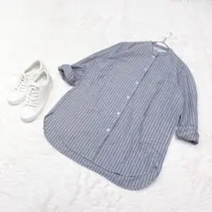 ✨美品✨MUJI オーバーサイズシャツ【XS-S】ストライプ　バンドカラー