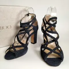 JIMMY CHOO サンダル デニム 36.5 アンクルストラップ チャンキー